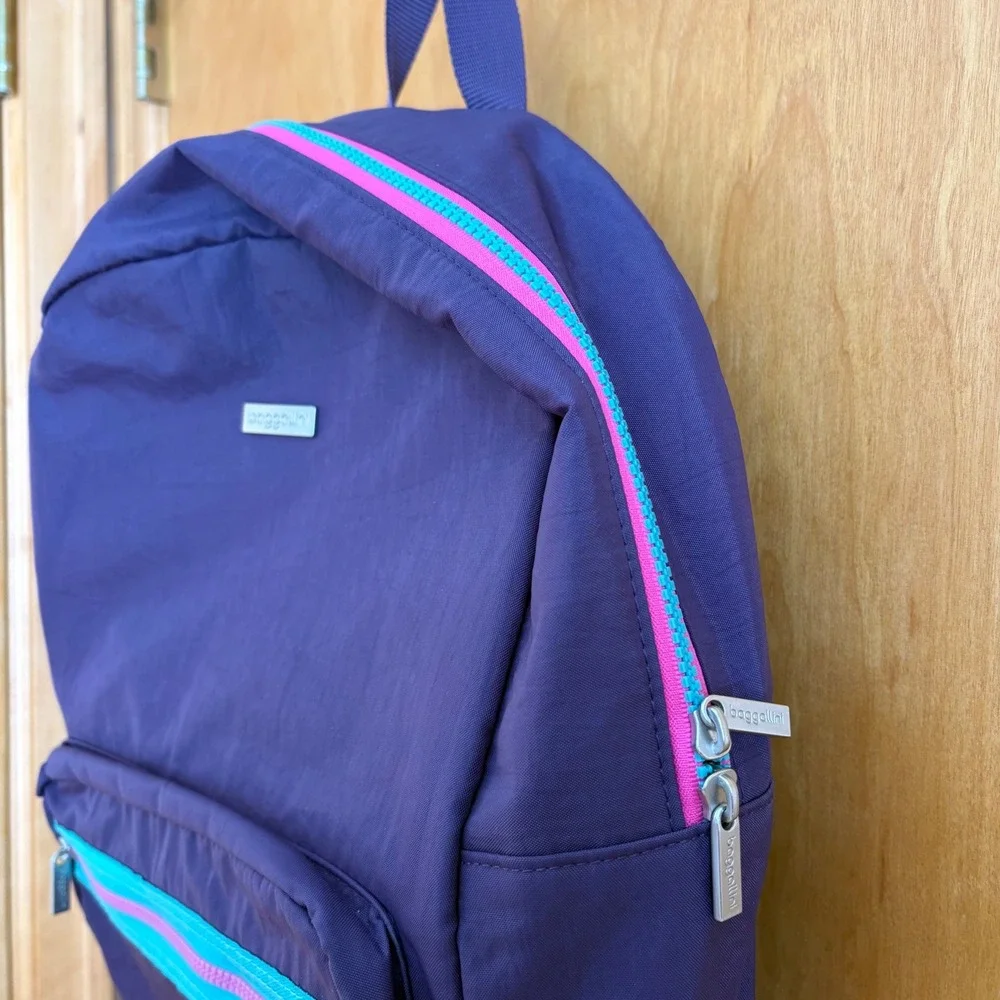 Baggallini Purple Nylon Backpack Teal Pink Zipper Accents Lightweight Travel Bag